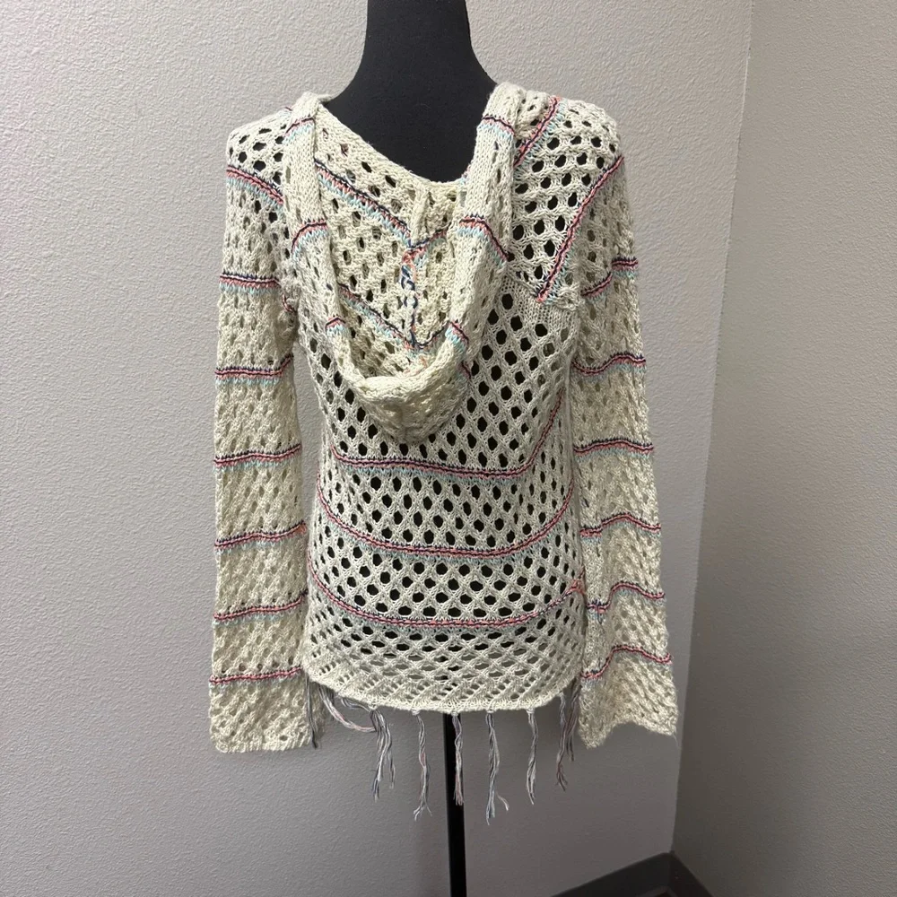 Poof! by Free People Open Knit Fringe Sweater Cream Boho Festival Beach Cover - Picture 6 of 10